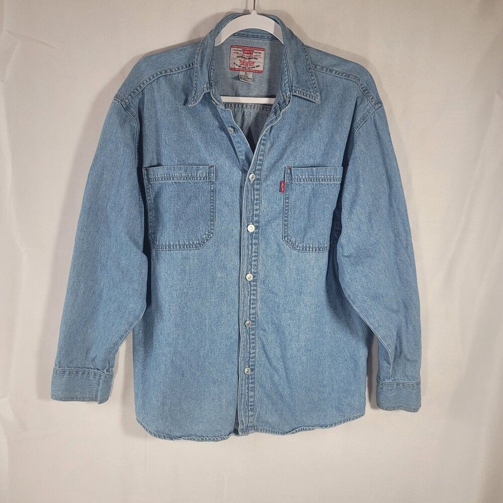 VTG Levi’s Youth XL 20 Denim Shirt Boys Red Tab Blue Cotton Button Up Distressed